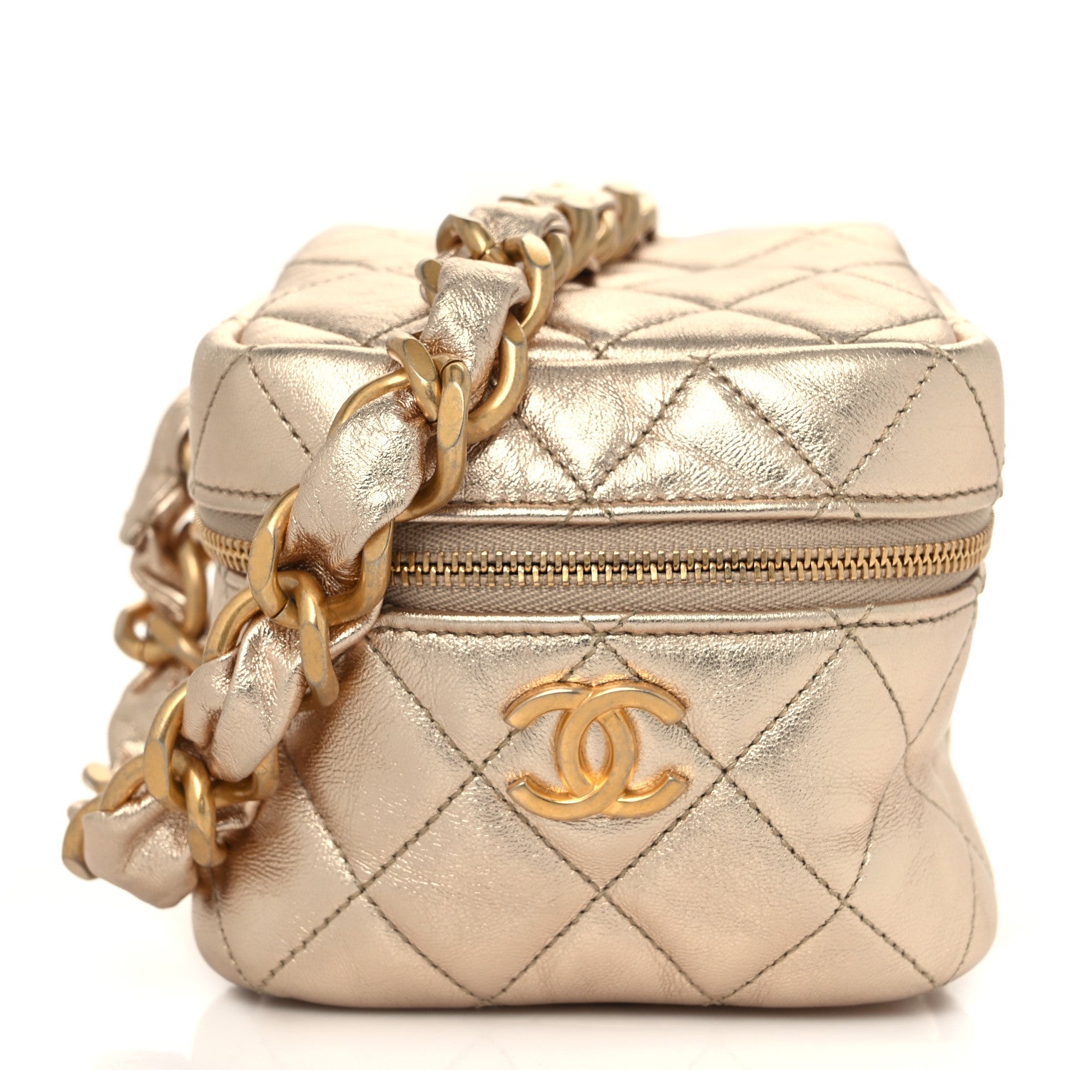 Chanel Metallic Lambskin Quilted Cube Chain Wristlet Case Gold 1 of 8
