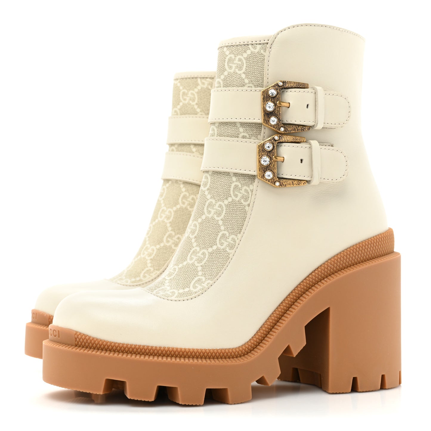 Kensington Calfskin Nappa GG Supreme Monogram Womens Double Buckle Ankle Boots 35.5 Mystic White Beige