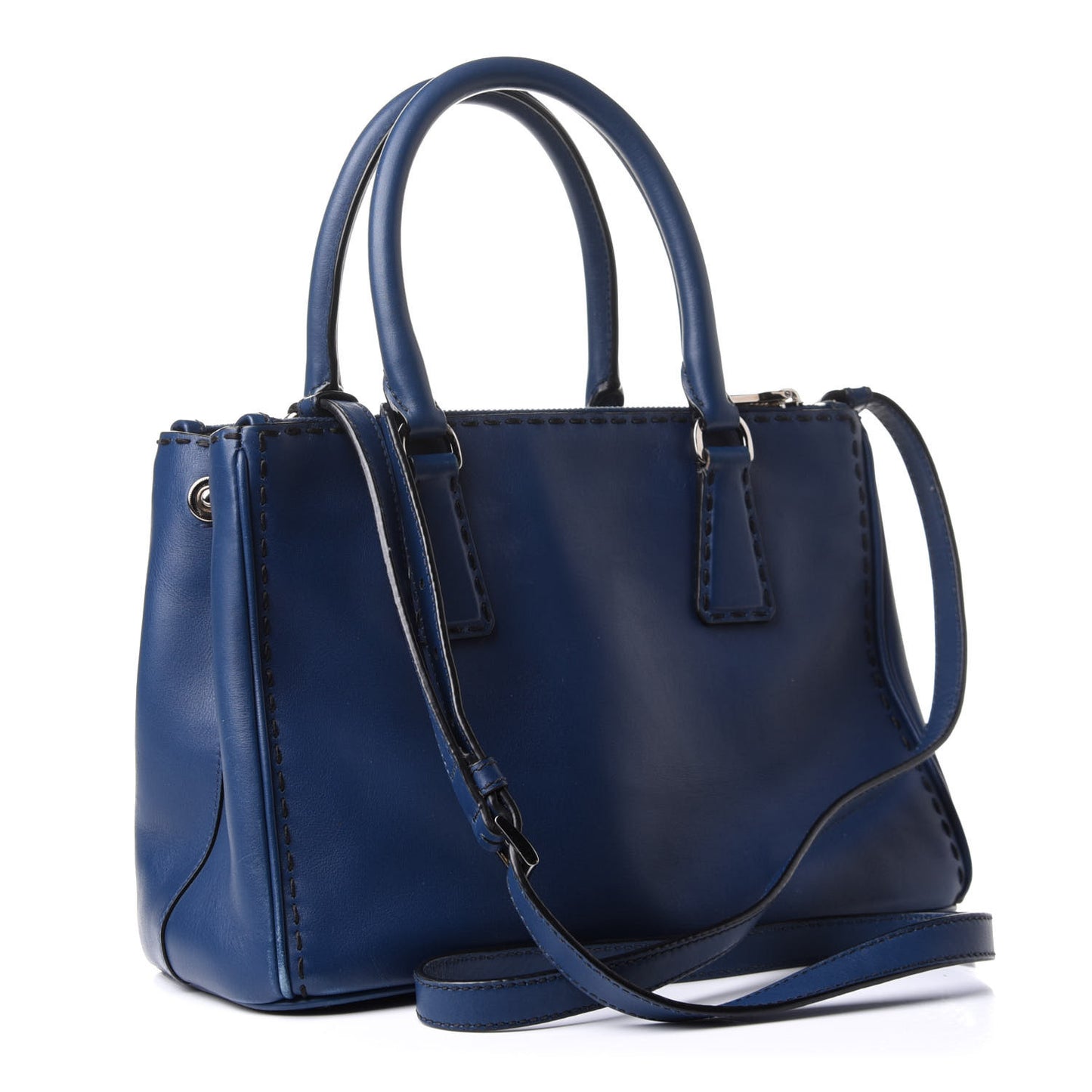 City Calf Hand Stitched Small Galleria Double Zip Tote Bluette
