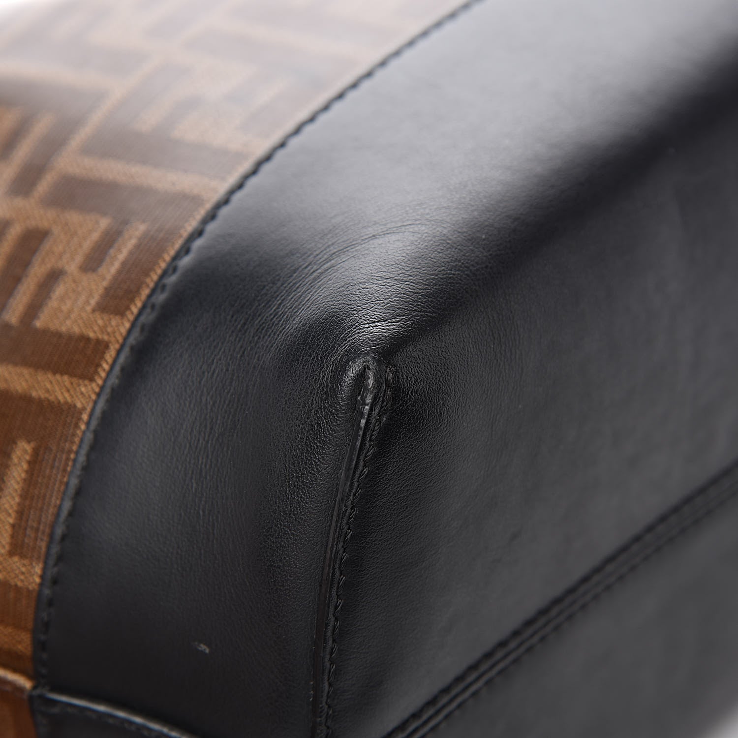 Fendi Glazed Fabric Vitello Century FF 1974 Stamp Patch Shopping Tote Mogano Panna Black 12 of 14