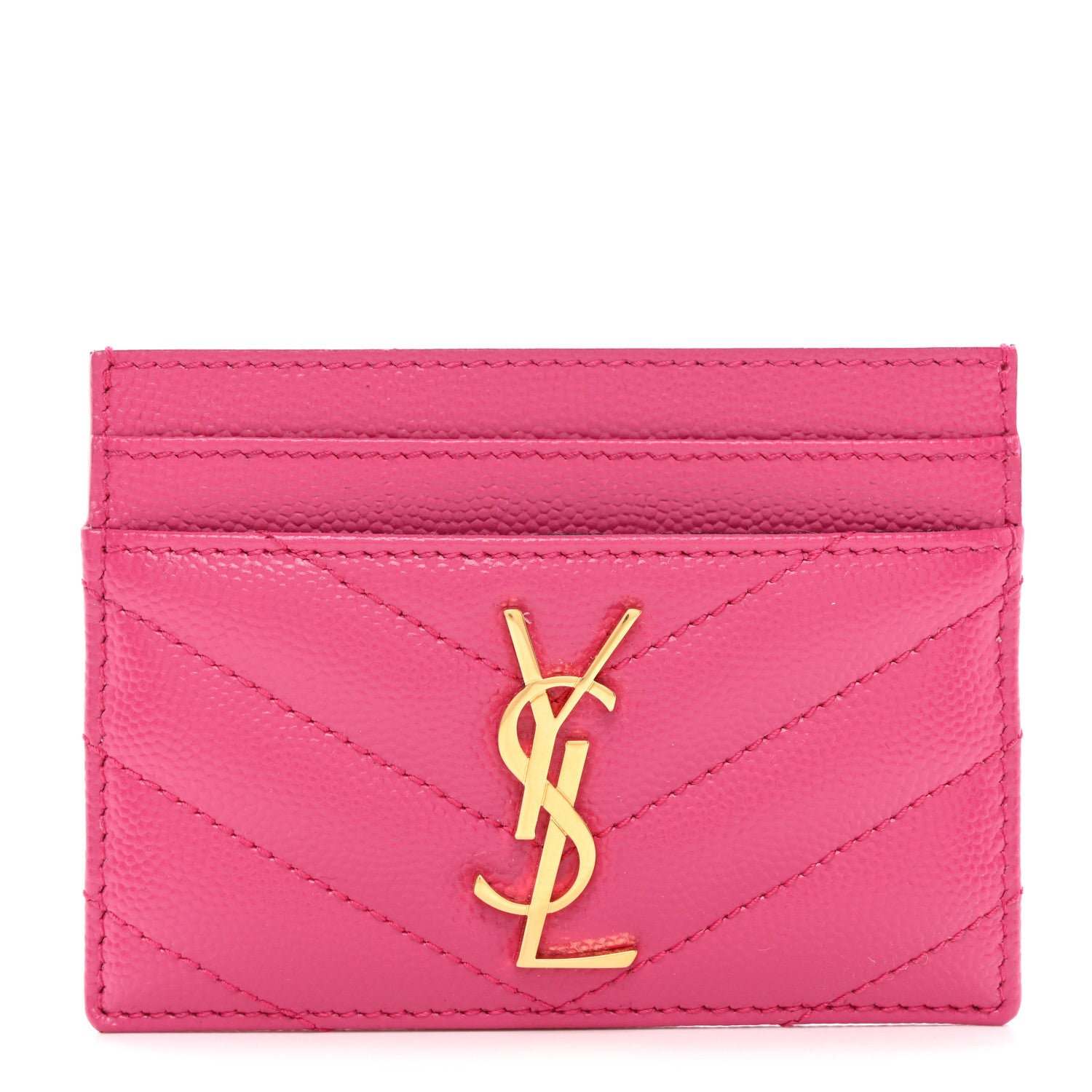Saint Laurent Grain De Poudre Matelasse Chevron Monogram Credit Card Case Fresh Fuxia 1 of 8