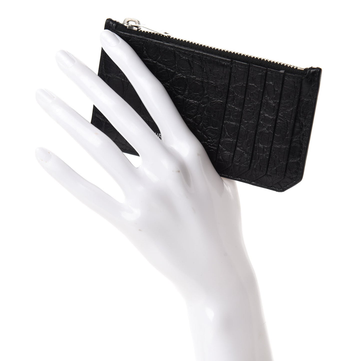Calfskin Crocodile Embossed 5 Fragments Zip Pouch Card Holder Black