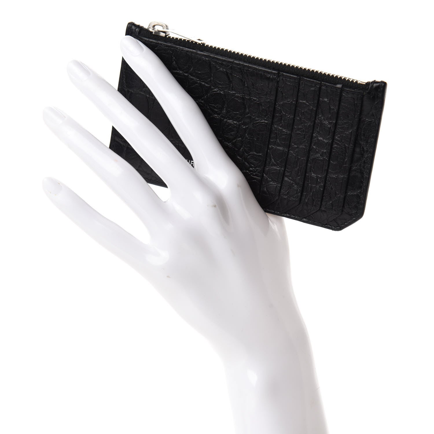 Saint Laurent Calfskin Crocodile Embossed 5 Fragments Zip Pouch Card Holder Black 2 of 8