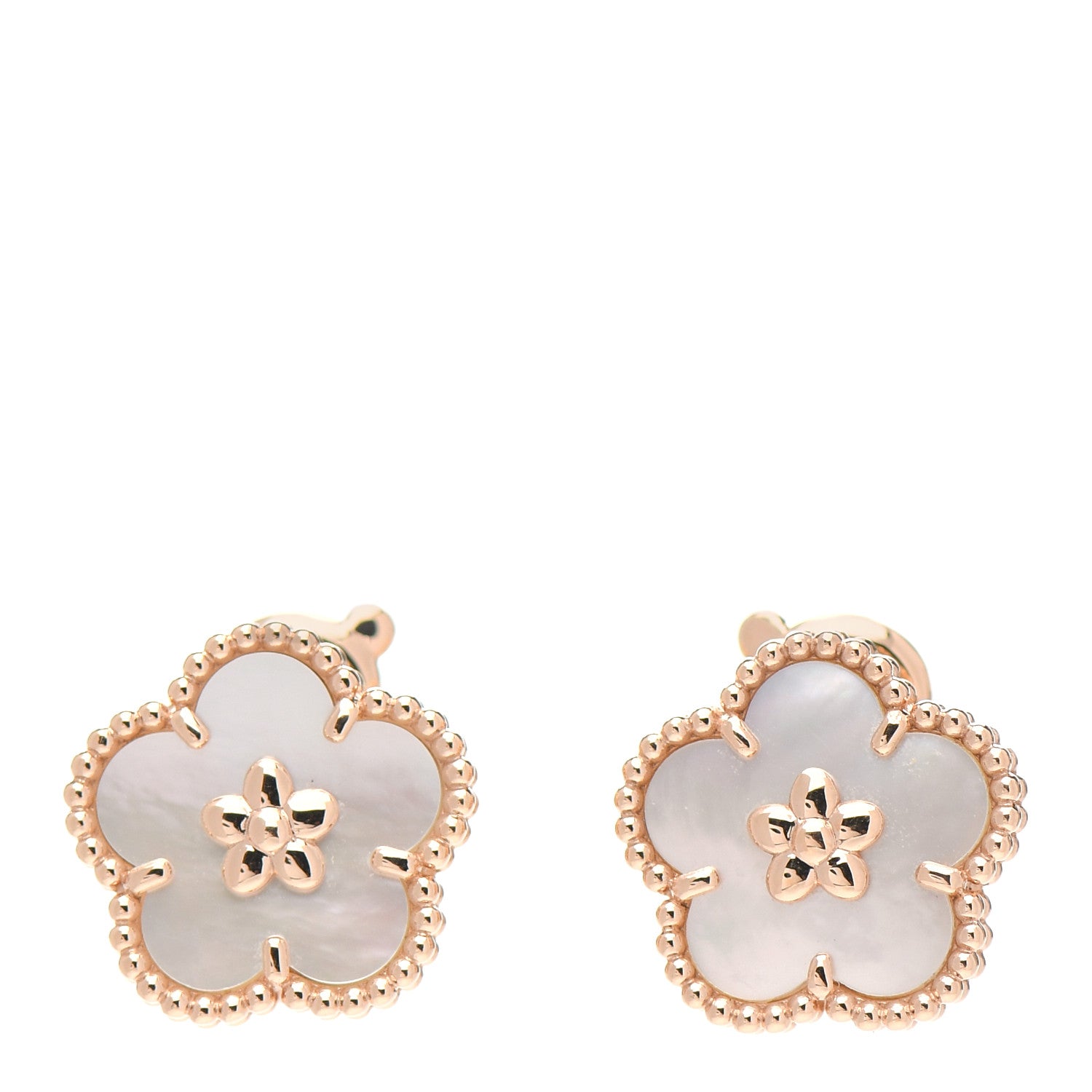 Van Cleef & Arpels 18K Yellow Gold Mother of Pearl Lucky Springs Plum Blossom Earrings 1 of 5
