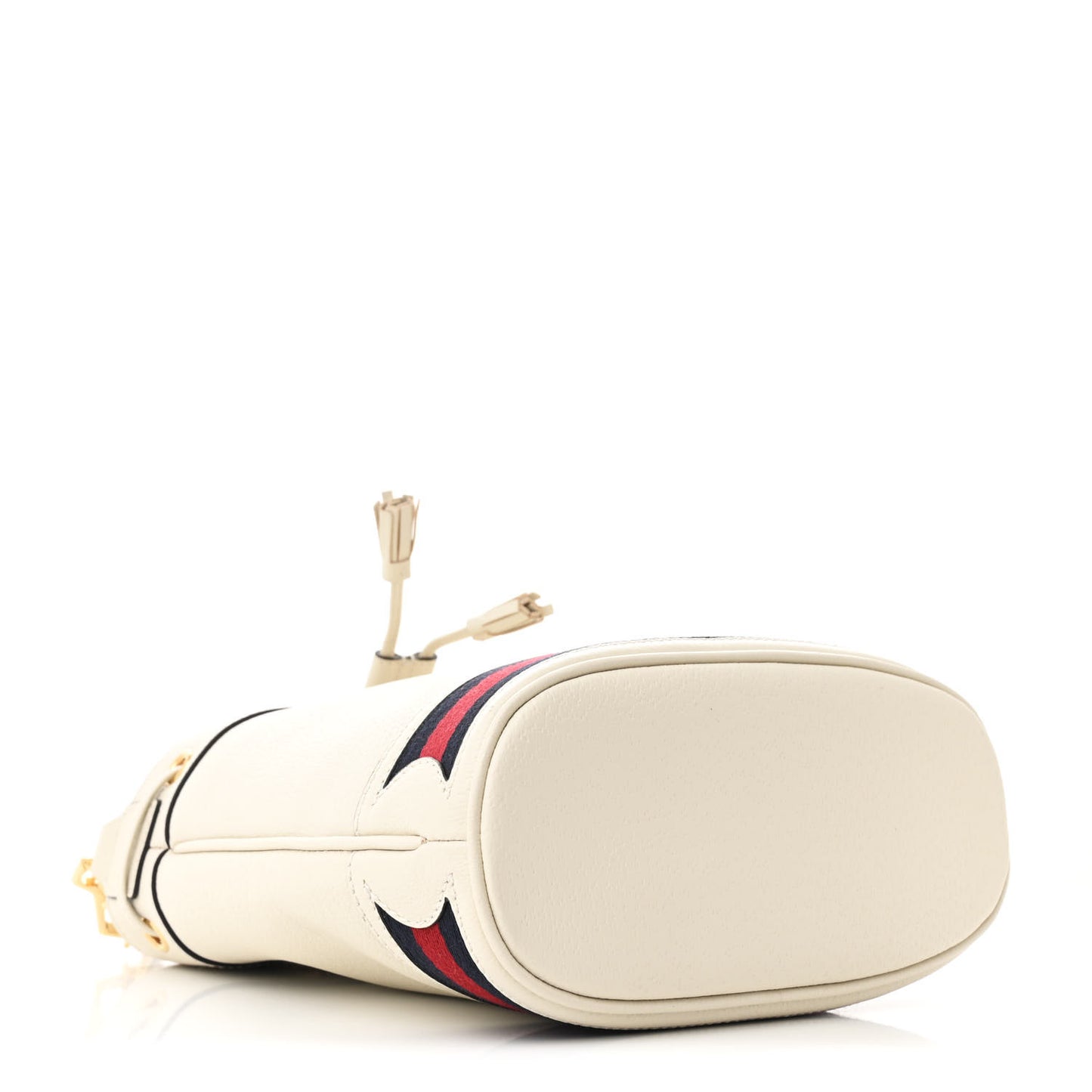 Glazed Textured Calfskin Web Small Ophidia Bucket Bag Mystic White