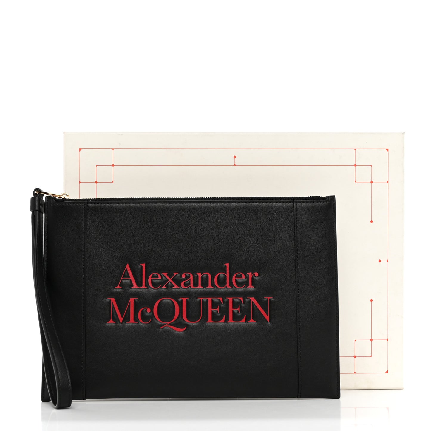 Calfskin Logo Zip Wristlet Pouch Black Red