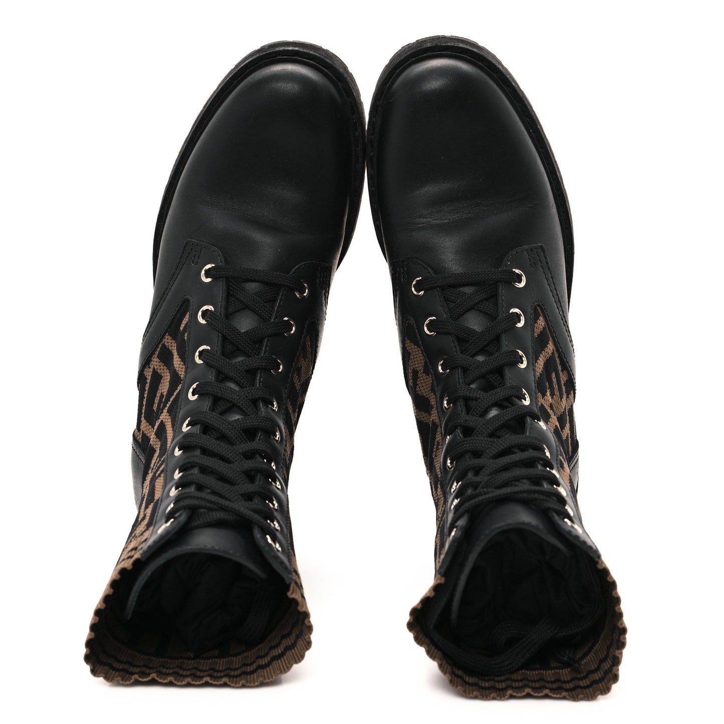 Calfskin Stretch Fabric FF Rockoko Biker Boots 37.5 Black Tobacco