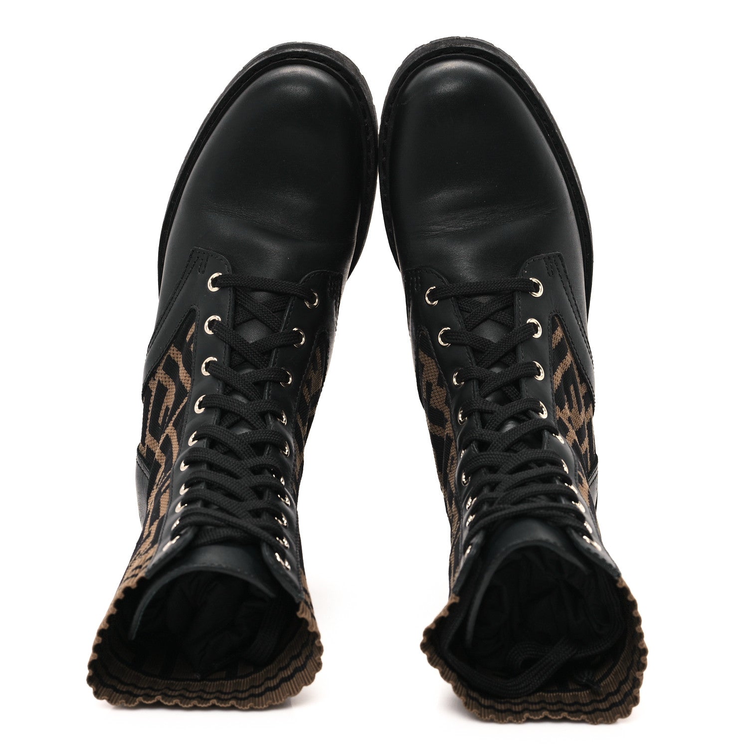 Fendi Calfskin Stretch Fabric FF Rockoko Biker Boots 37.5 Black Tobacco 2 of 7