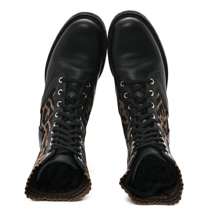 Fendi Calfskin Stretch Fabric FF Rockoko Biker Boots 37.5 Black Tobacco 2 of 7