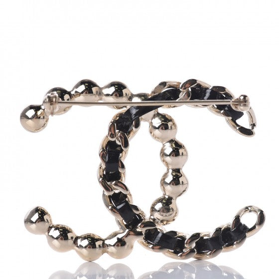 Lambskin Pearl CC Chain Brooch Black Gold
