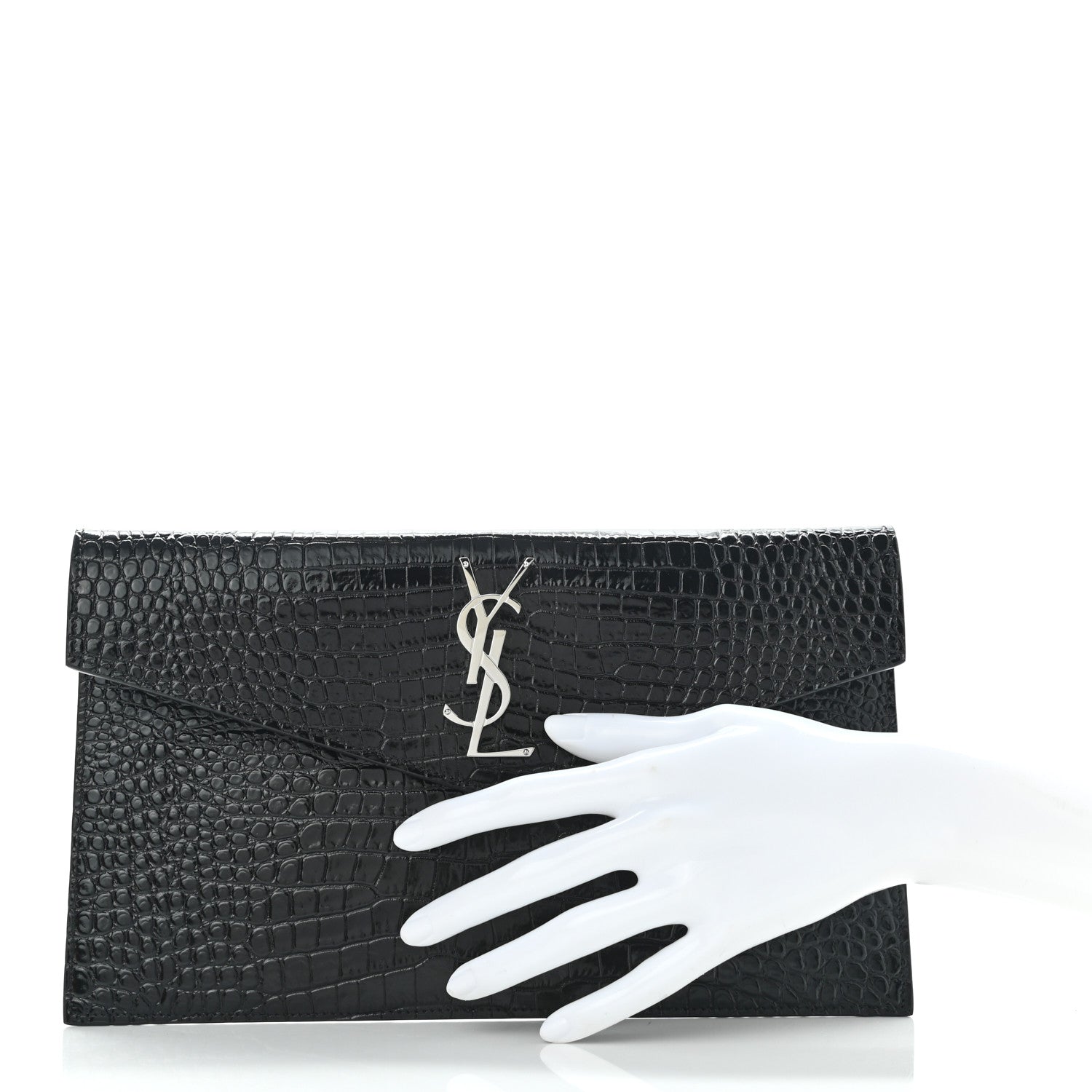 Saint Laurent Calfskin Crocodile Embossed Uptown Monogram Pouch Black 2 of 7