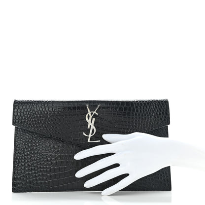 Saint Laurent Calfskin Crocodile Embossed Uptown Monogram Pouch Black 2 of 7