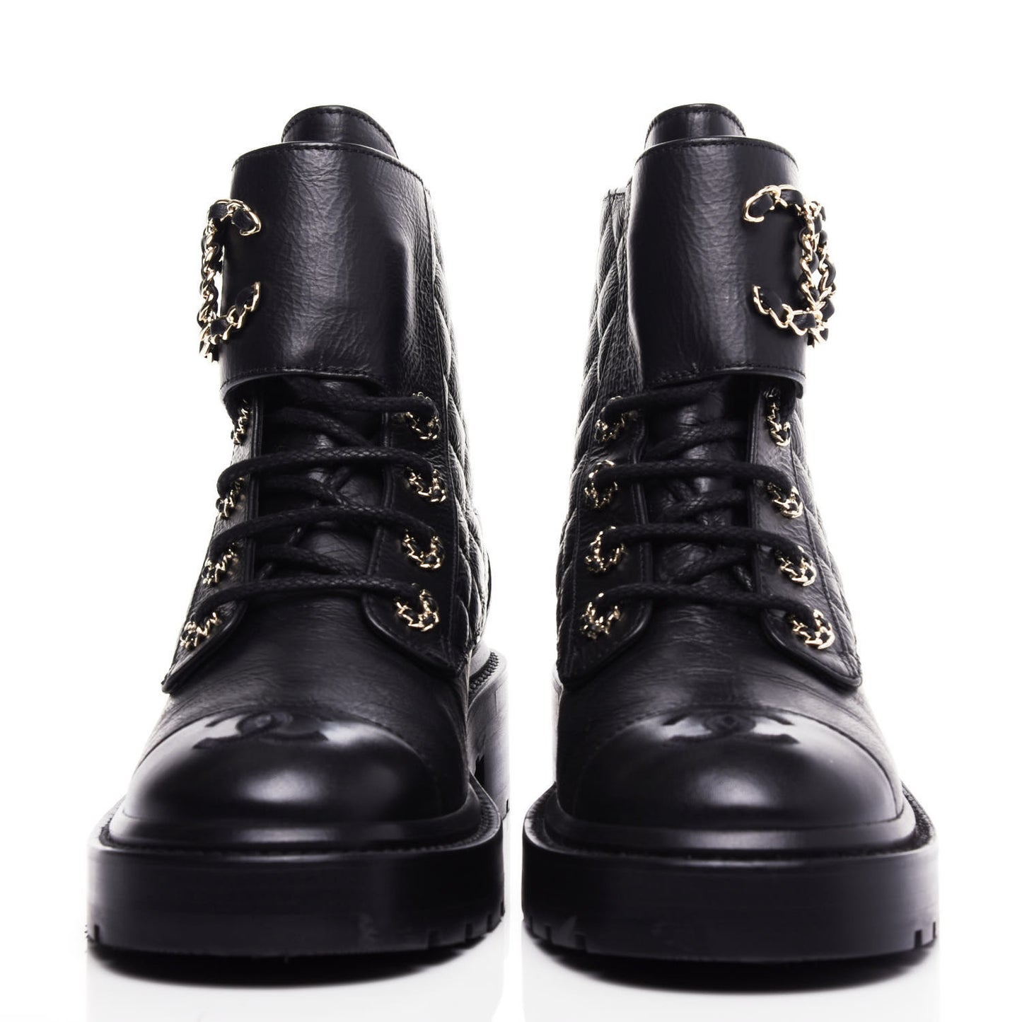 Shiny Goatskin Calfskin Quilted Lace Up Combat Boots 36.5 Black