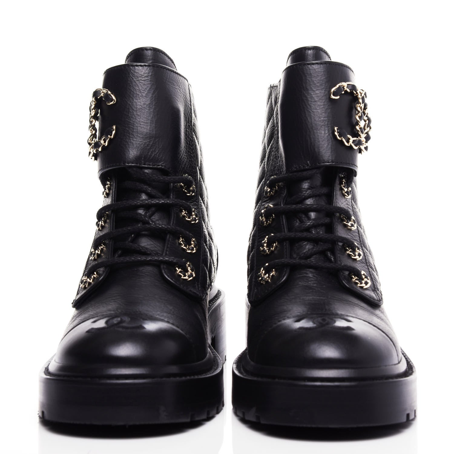 Chanel Shiny Goatskin Calfskin Quilted Lace Up Combat Boots 36.5 Black 3 of 10