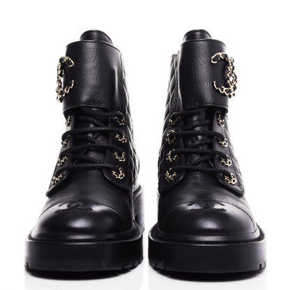 Chanel Shiny Goatskin Calfskin Quilted Lace Up Combat Boots 36.5 Black 3 of 10