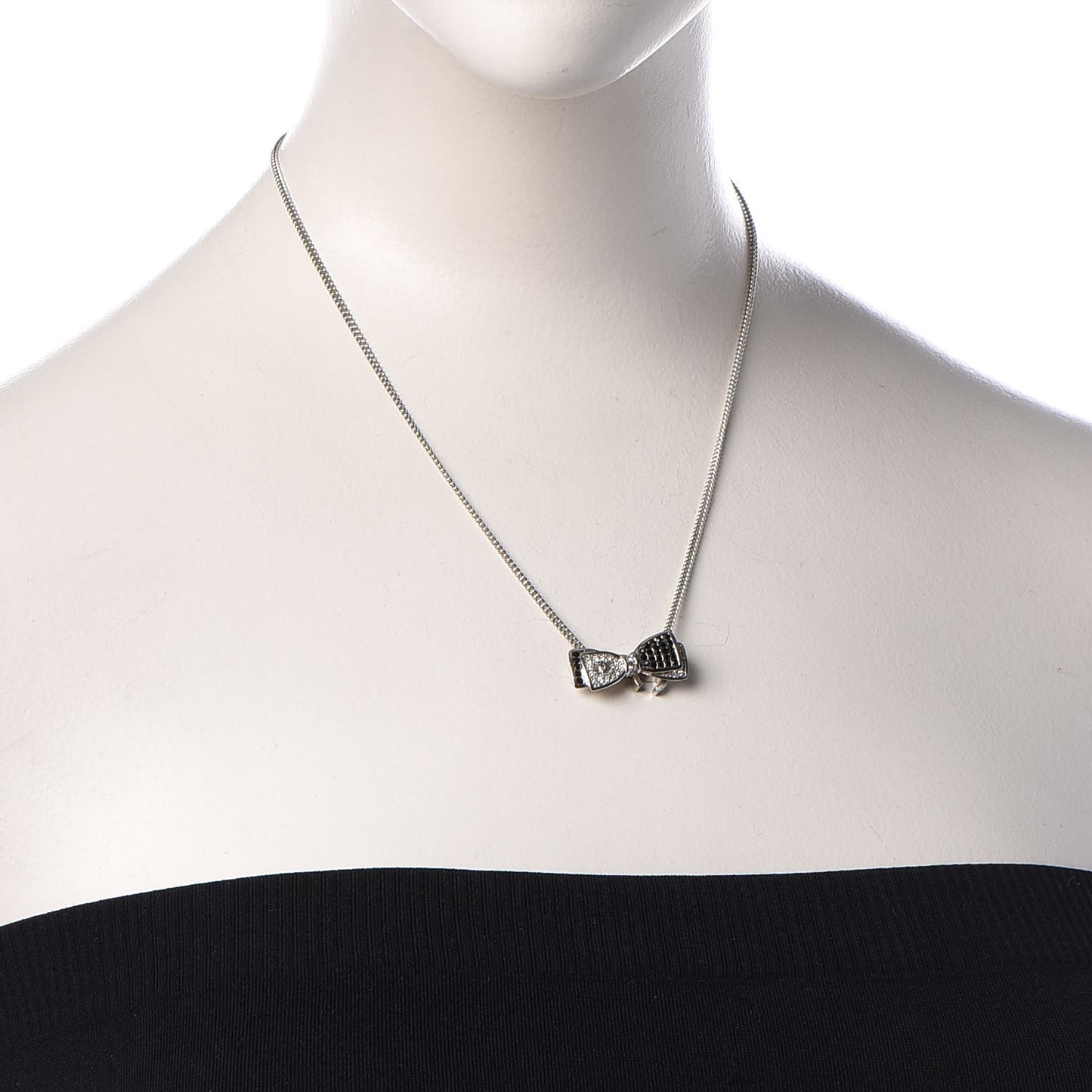 Crystal CC Bow Necklace Silver Black