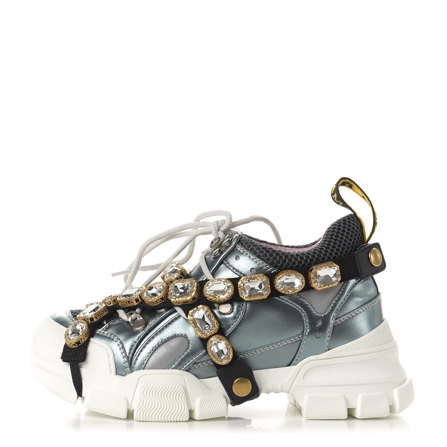 X SEGA Metallic Calfskin Removable Crystals Womens Flashtrek Sneakers 35.5 Lago Loess Silver