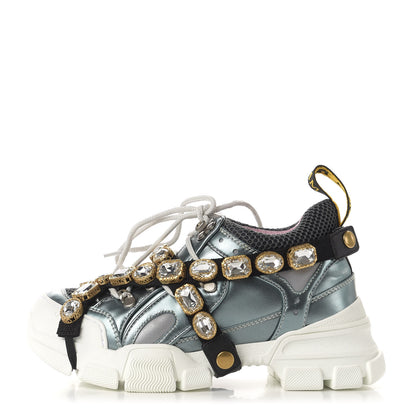 Gucci X SEGA Metallic Calfskin Removable Crystals Womens Flashtrek Sneakers 35.5 Lago Loess Silver 1 of 8