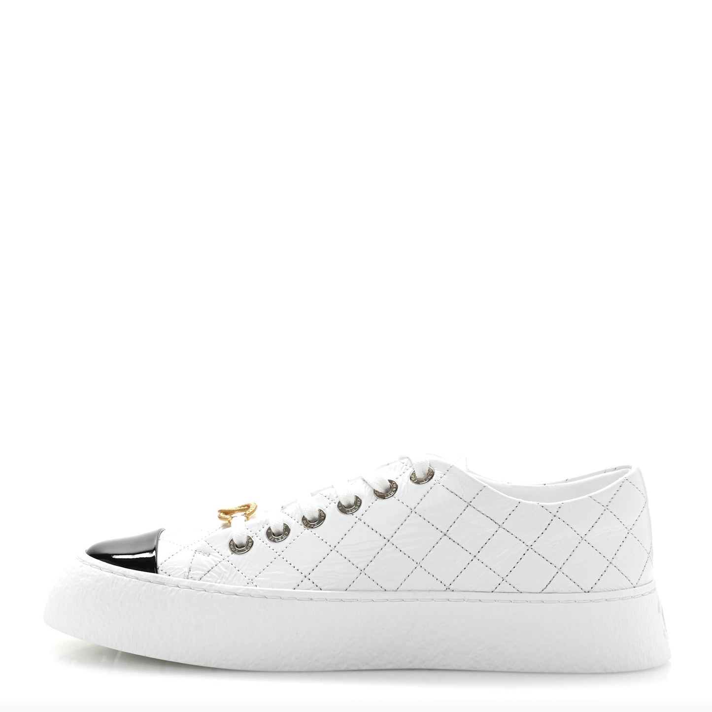 Crumpled Lambskin Patent Cap Toe CC Stitched Sneakers 41 White Black