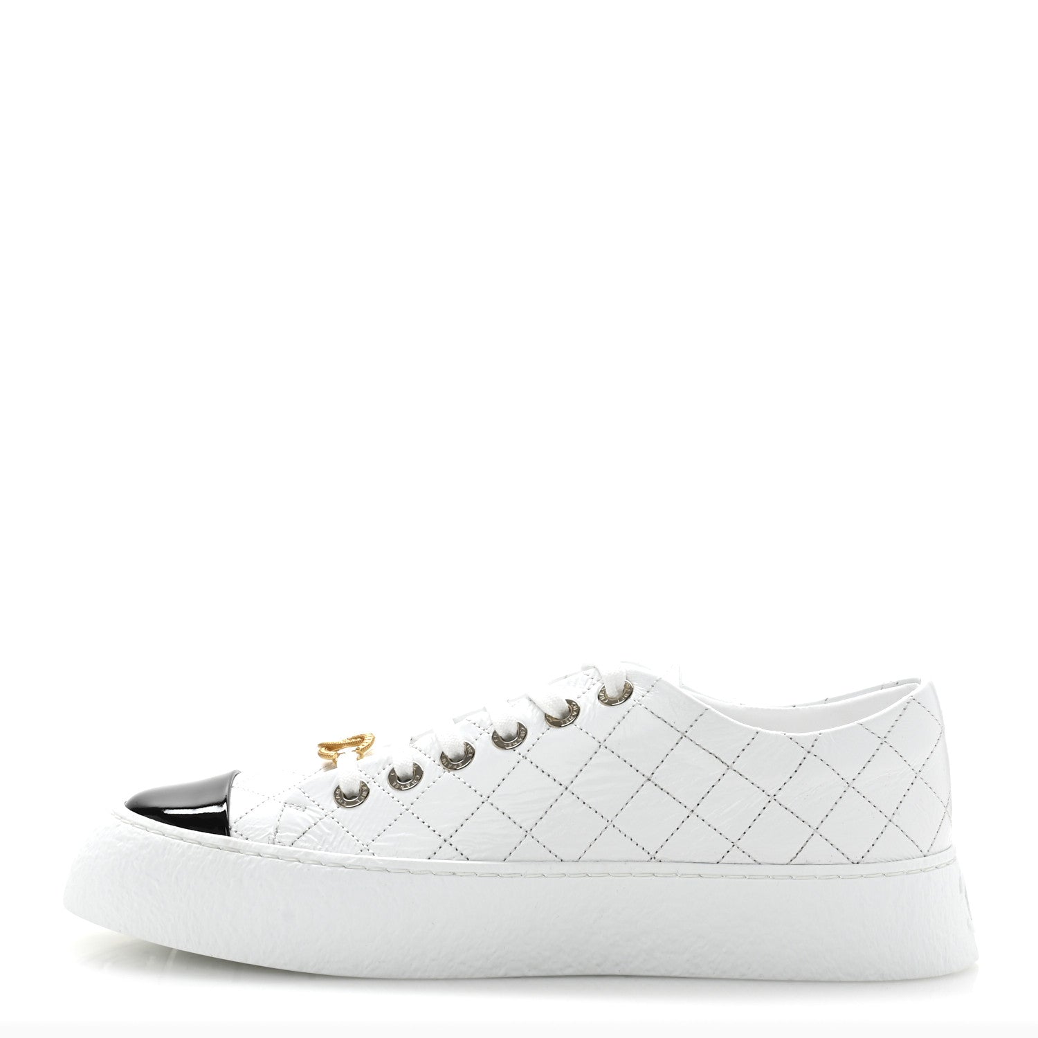 Chanel Crumpled Lambskin Patent Cap Toe CC Stitched Sneakers 41 White Black 1 of 10