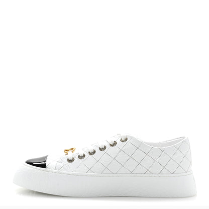 Chanel Crumpled Lambskin Patent Cap Toe CC Stitched Sneakers 41 White Black 1 of 10