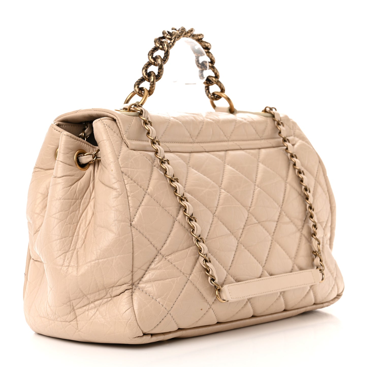 Aged Calfskin Quilted Large Pondichery Flap Beige