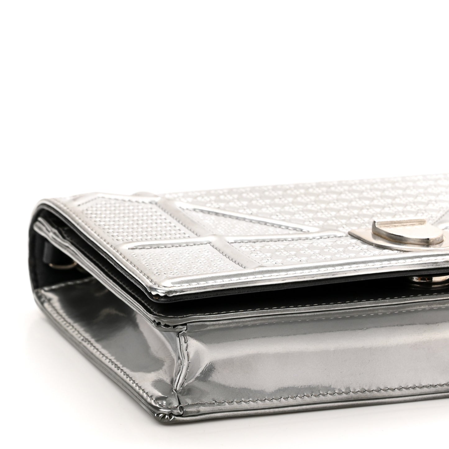Metallic Patent Micro-Cannage Diorama Wallet on Chain Pouch Silver