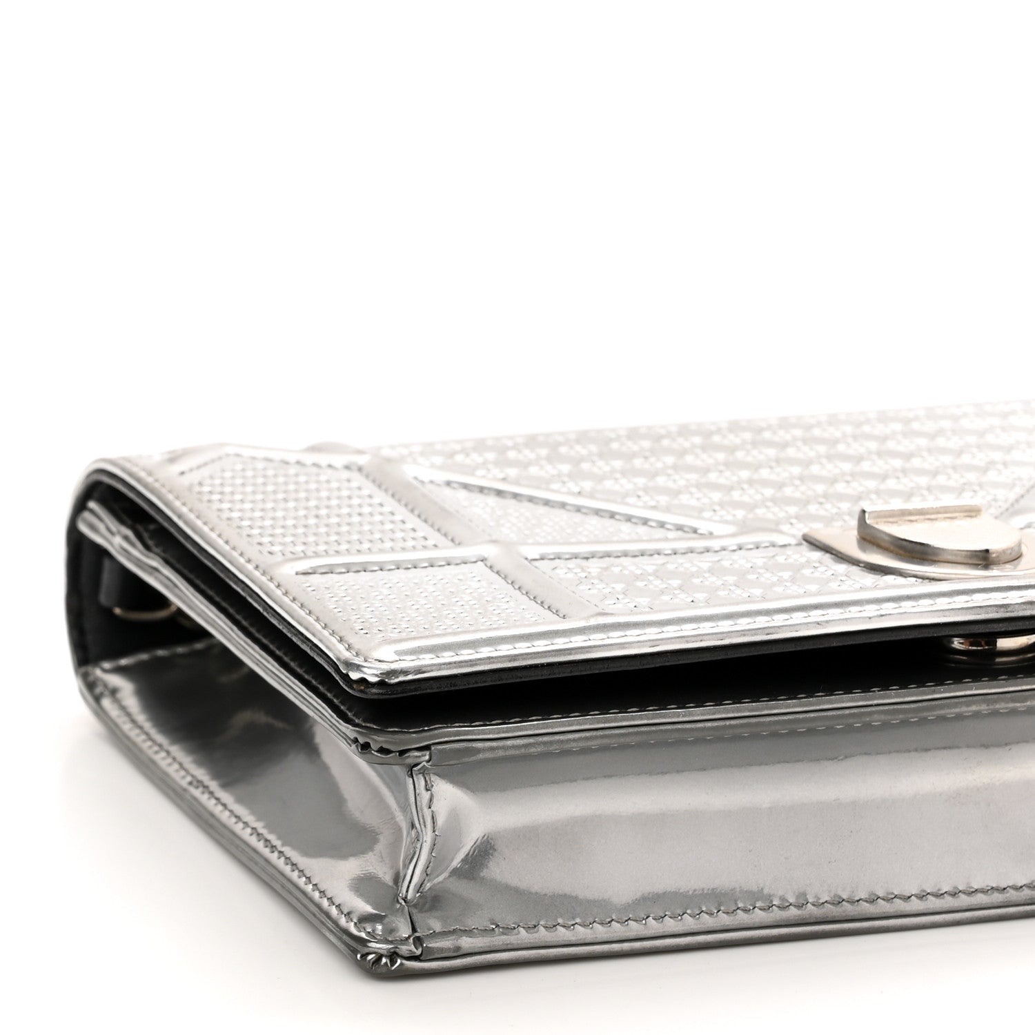 Christian Dior Metallic Patent Micro-Cannage Diorama Wallet on Chain Pouch Silver 8 of 11