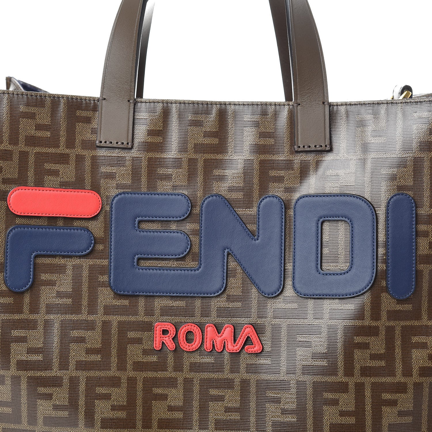 Fendi X FILA Glazed Fabric FF 1974 Mania Shopping Tote Bag Mogano Panna Blueberry 7 of 9
