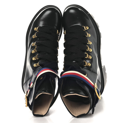 Gucci Calfskin Sylvie Web Womens Lace Up Combat Boots 38.5 Black 2 of 9