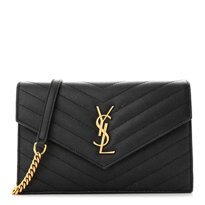 Saint Laurent Grain De Poudre Matelasse Chevron Monogram Envelope Chain Wallet Black 1 of 12