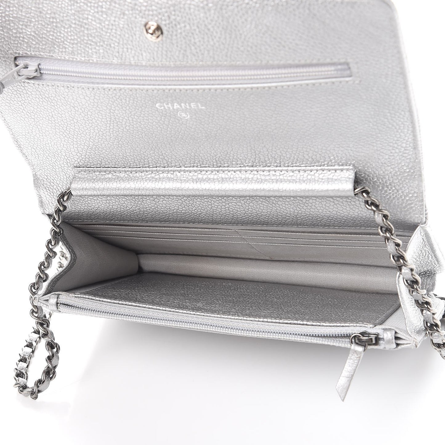 Metallic Caviar Quilted Wallet on Chain WOC Silver