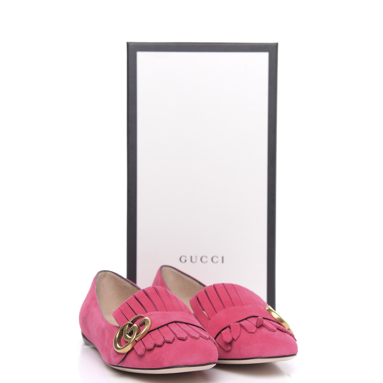 Gucci Kid Scamosciato GG Marmont Fringe Flats 37.5 Hot Pink 9 of 9