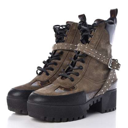 Louis Vuitton Suede Calfskin Monogram Laureate Platform Desert Boots 38 Kaki 3 of 10