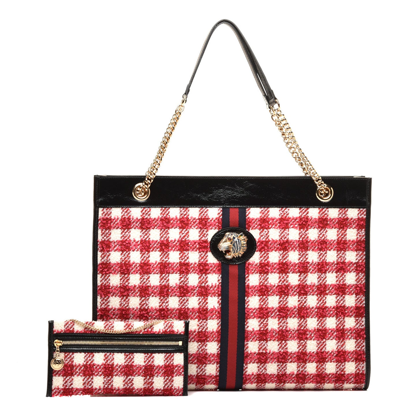 Tweed Check Large Rajah Chain Tote Black Red