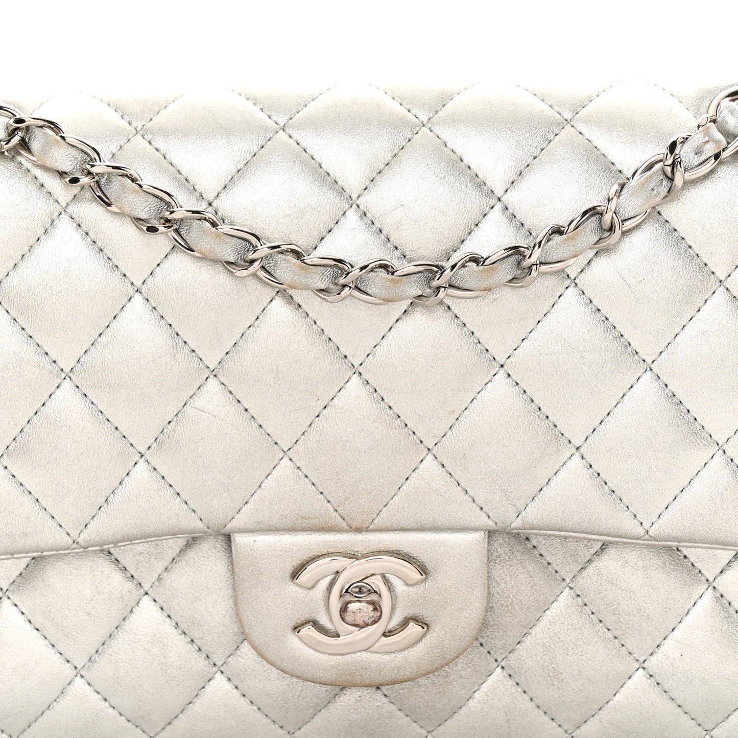 Metallic Lambskin Quilted Medium Double Flap Silver