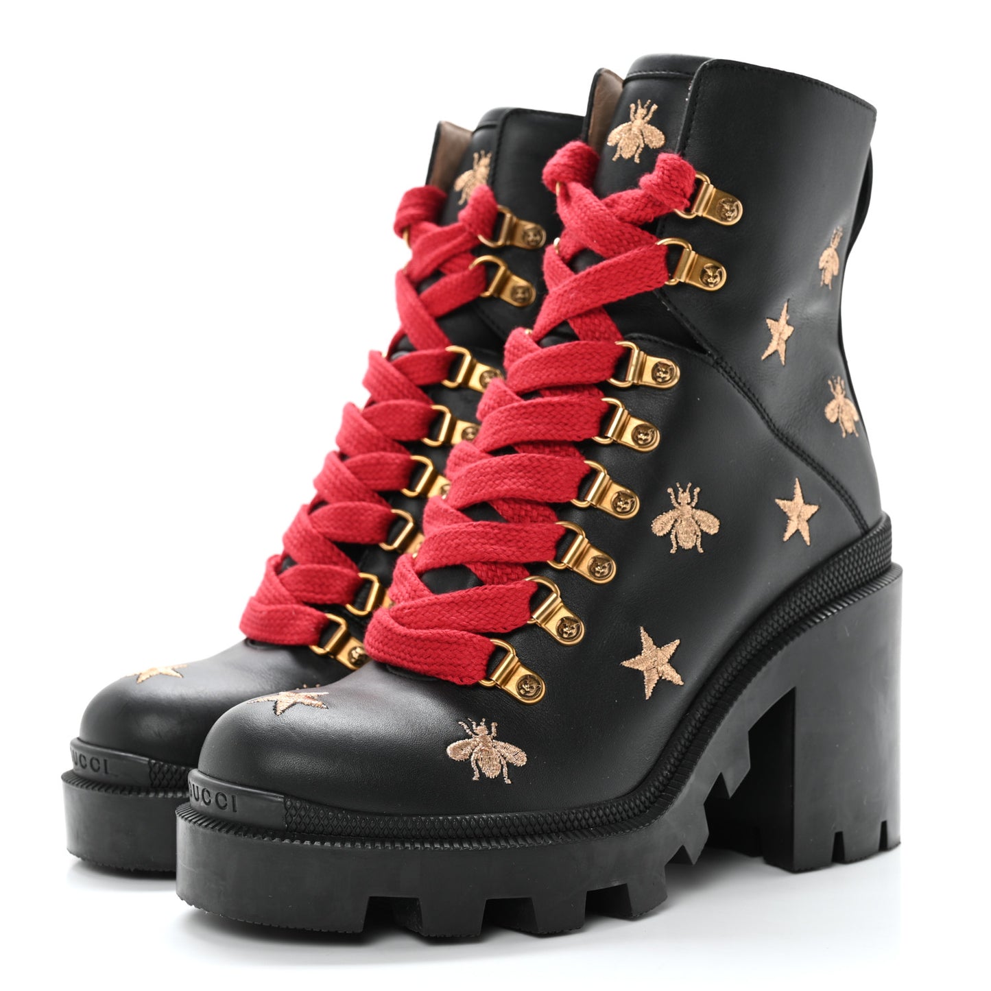 Calfskin Embroidered Lace Up Combat Ankle Boots 36 Black
