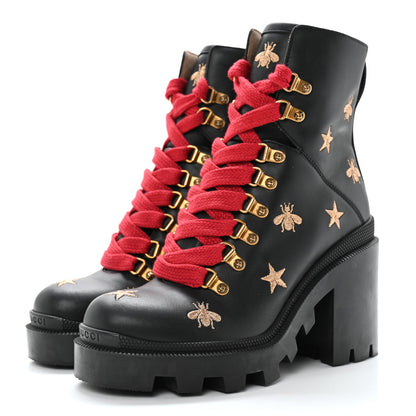 Gucci Calfskin Embroidered Lace Up Combat Ankle Boots 36 Black 6 of 19
