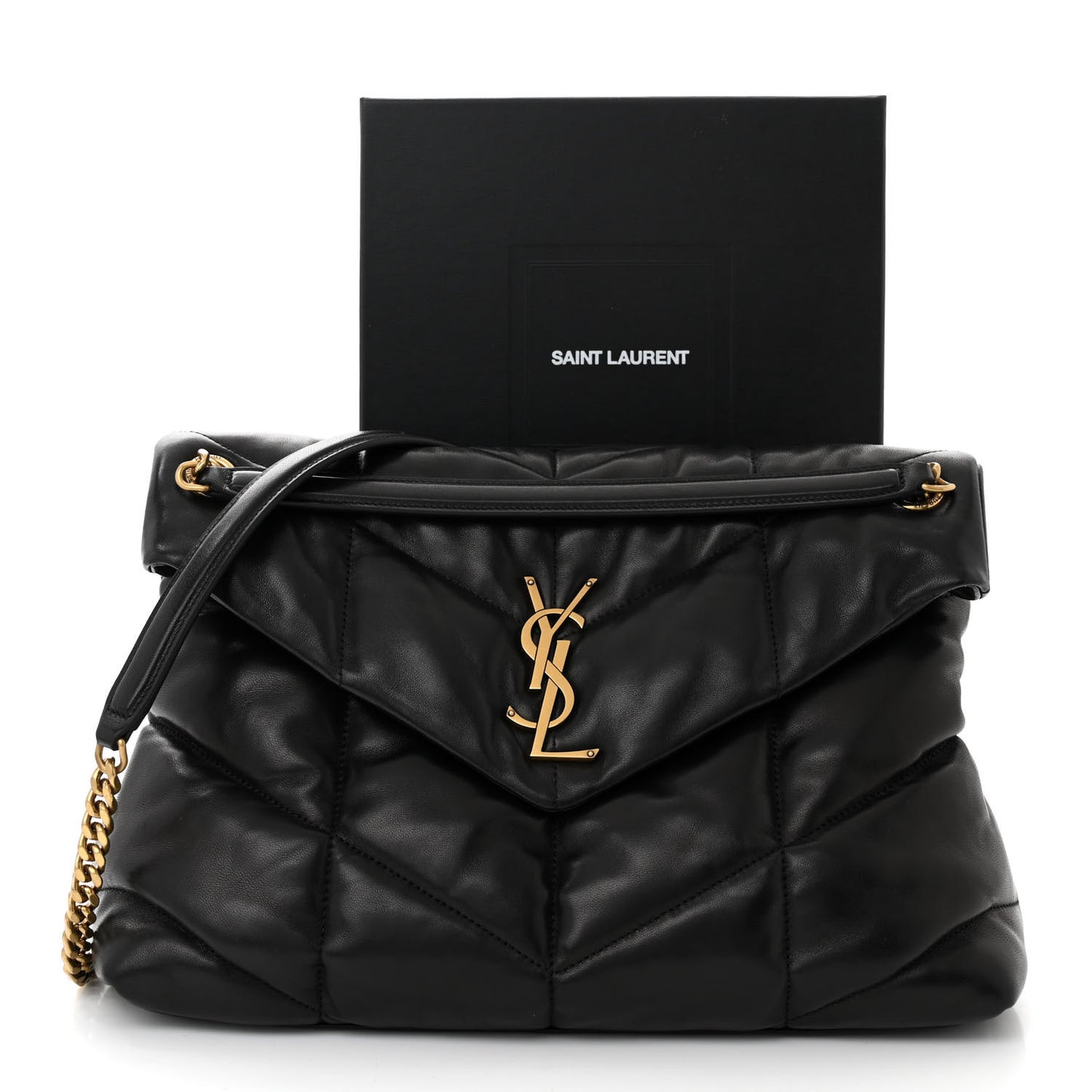 Lambskin Quilted Medium Loulou Puffer Monogram Chain Satchel Black
