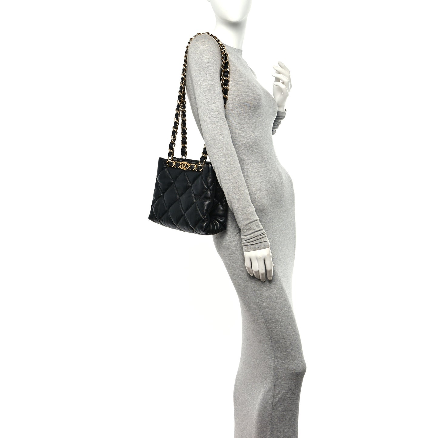 Lambskin Quilted Small Shopping Bag Black