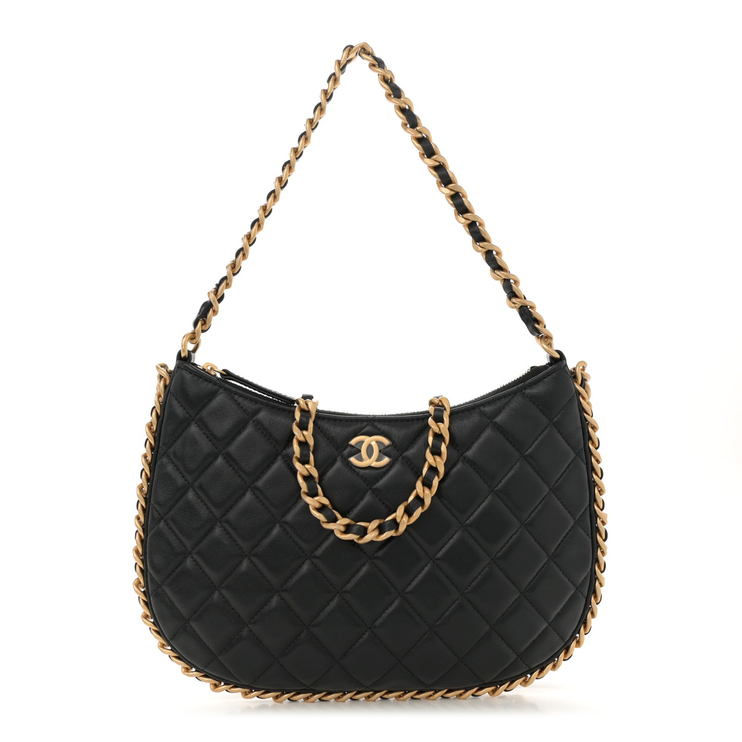 Shiny Crumpled Lambskin Quilted Large Trendy Chain Around Hobo Black