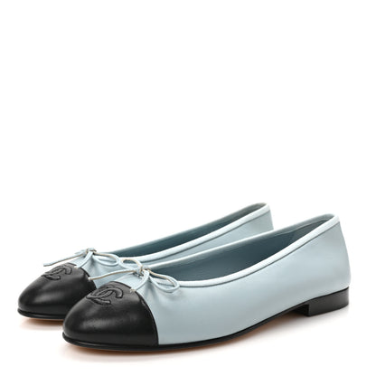 Chanel Lambskin Cap Toe CC Ballerina Flats 38 Light Blue Black 2 of 9