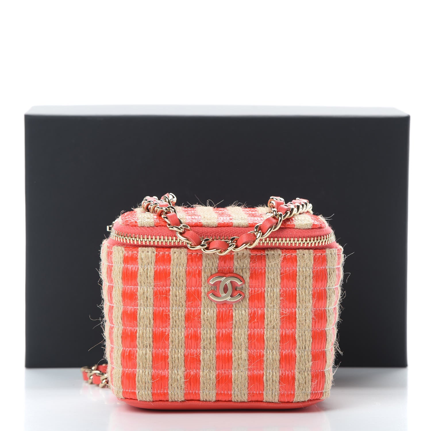 Chanel Raffia Jute Striped Mini Vanity Case With Chain Red Beige 11 of 11