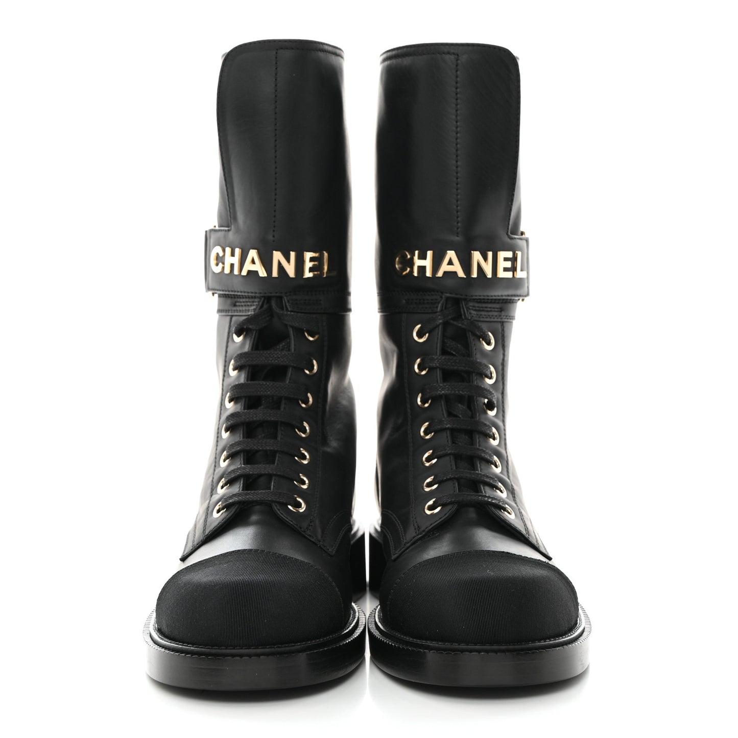 Shiny Calfskin Lace Up Combat Boots 37.5 Black