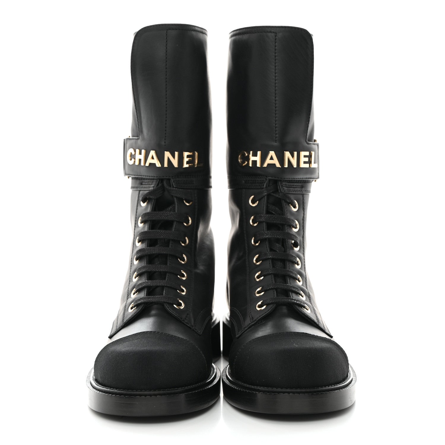 Chanel Shiny Calfskin Lace Up Combat Boots 37.5 Black 2 of 10