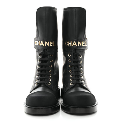Chanel Shiny Calfskin Lace Up Combat Boots 37.5 Black 2 of 10