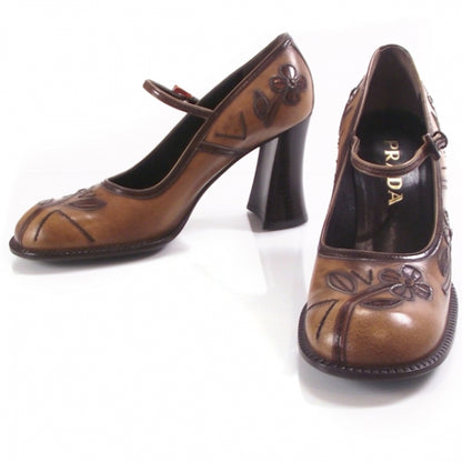 Prada Leather Daisy Mary Janes Heels Brown 38.5 1 of 8