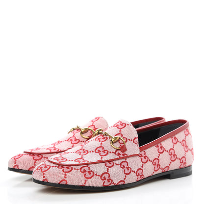Gucci Canvas GG Monogram Horsebit Womens Jordaan Loafers 36.5 Gardenia Hibiscus Red 3 of 9