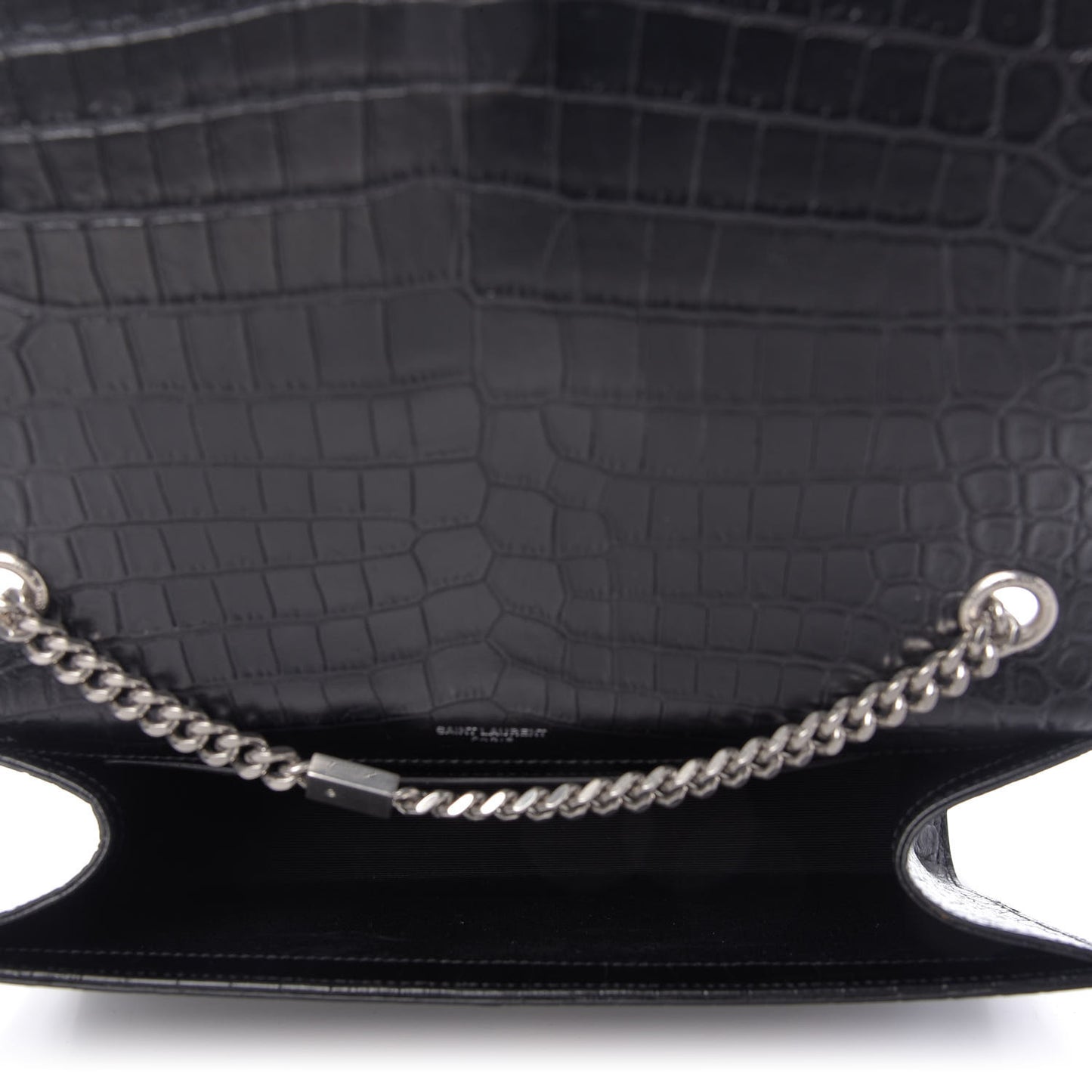 Calfskin Crocodile Embossed Large Classic Monogram Kate Satchel Black