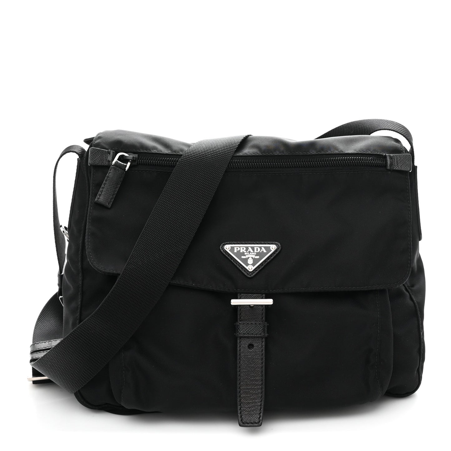 Nylon Vela Saffiano Single Buckle Messenger Shoulder Bag Black